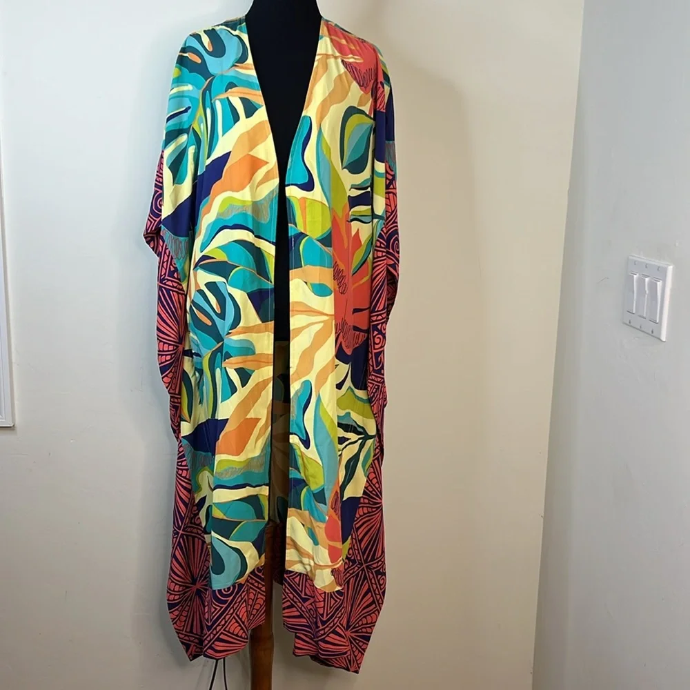 SOFT SURROUNDINGS Long Line Open Front Floral Kimono S/M - Picture 2 of 6